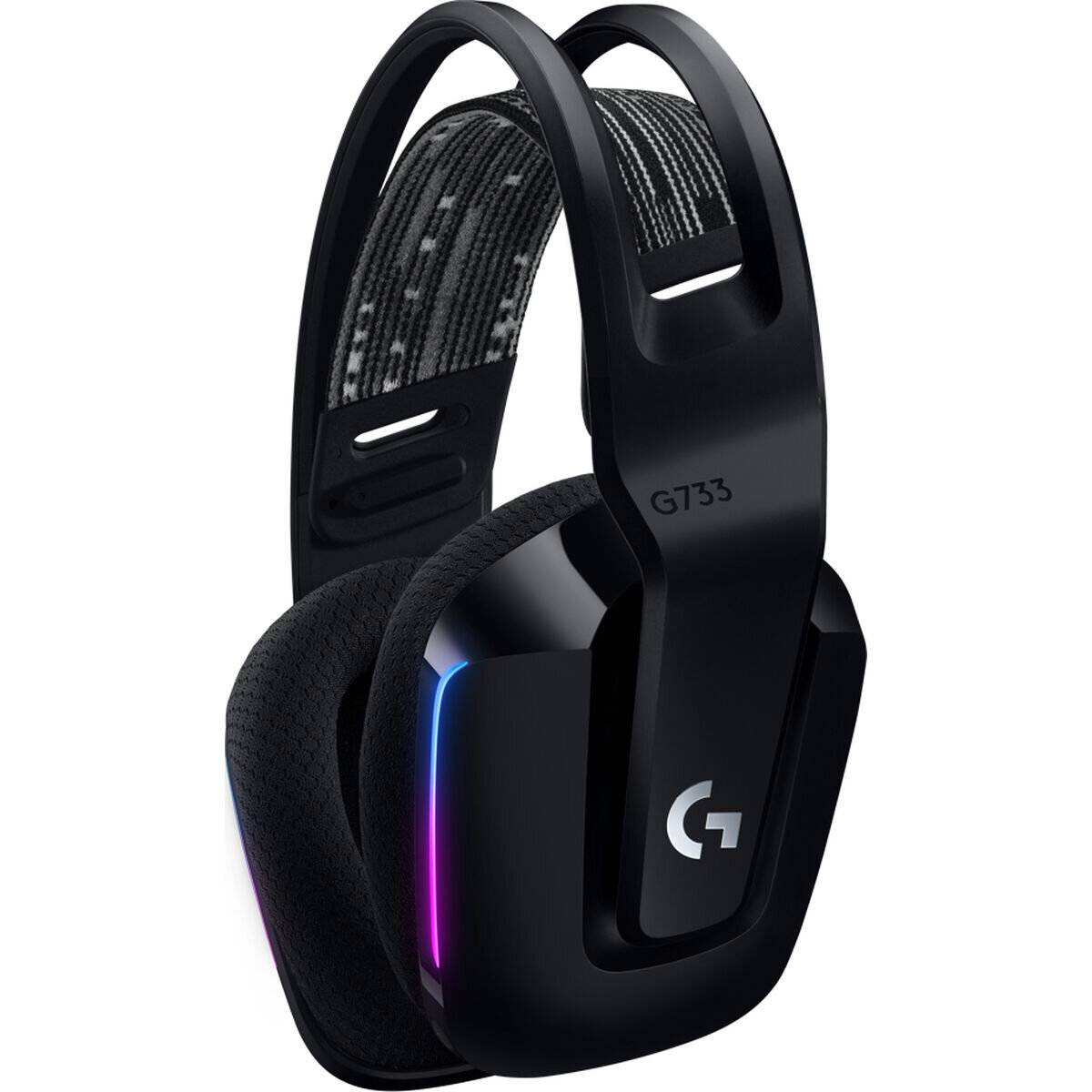 Schwarzer drahtloser Gaming-Headset mit RGB-Beleuchtungsakzenten und gepolsterten Ohrmuscheln, mit Logo und Modellnummer 'G733'.