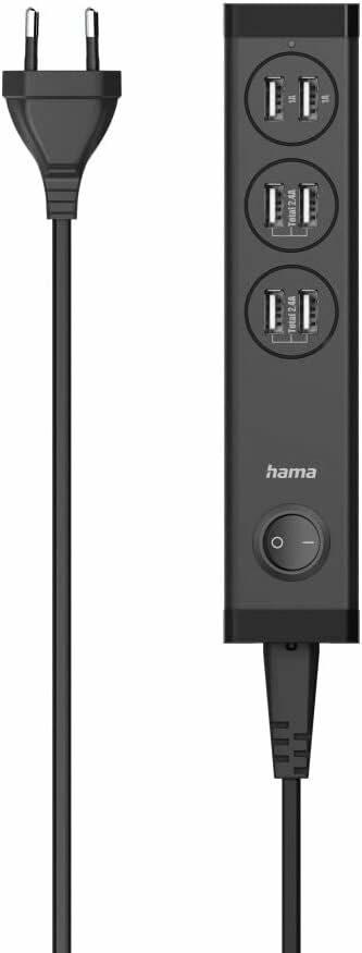 Eine schwarze USB-Ladestation mit zwei USB-Anschlüssen, die mit '2,4A' beschriftet sind, und einer Einschalttaste. Der Markenname 'hama' ist sichtbar.