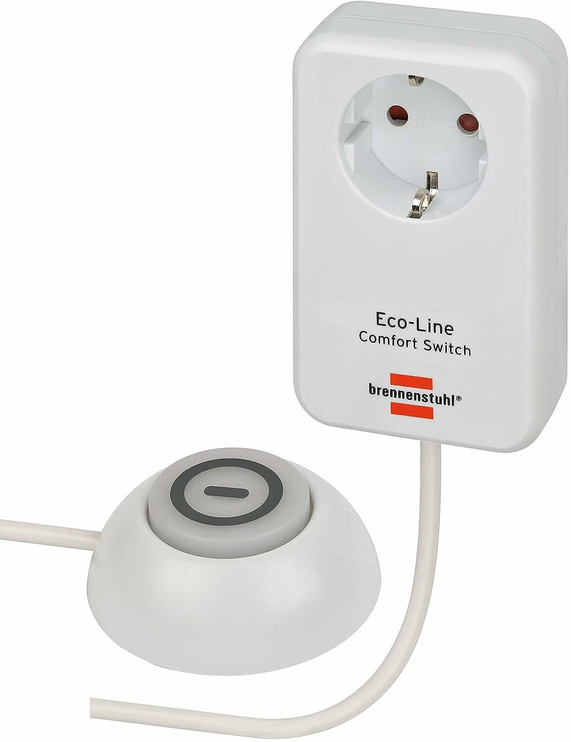 Eco-Line Comfort Schalter' elektronischer Steckeradapter mit Fuß-Ein-/Aus-Schalter, entwickelt für einfache Steuerung angeschlossener Geräte.