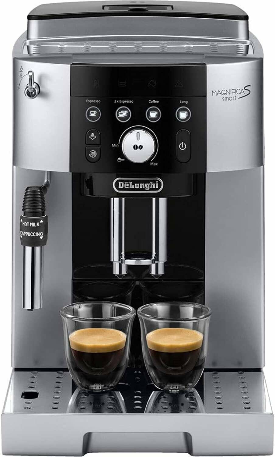 Espressomaschine mit zwei gefüllten Tassen, Tasten für Einstellungen, einem Milchaufschäumer mit den Bezeichnungen 