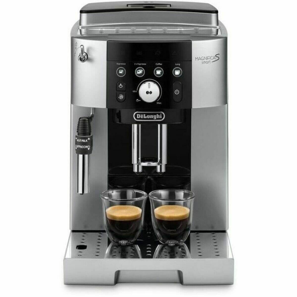 De'Longhi Kaffeemaschine mit zwei Tassen Espresso unter den Doppelausgüssen. Bedienfeld und Milchaufschäumer sind an der Vorderseite sichtbar.