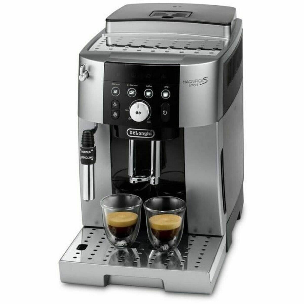 Eine silberne Espressomaschine mit Tasten oben, zwei durchsichtigen Glastassen unter dem Doppelaustritt und einem Milchaufschäumwand an der Seite.