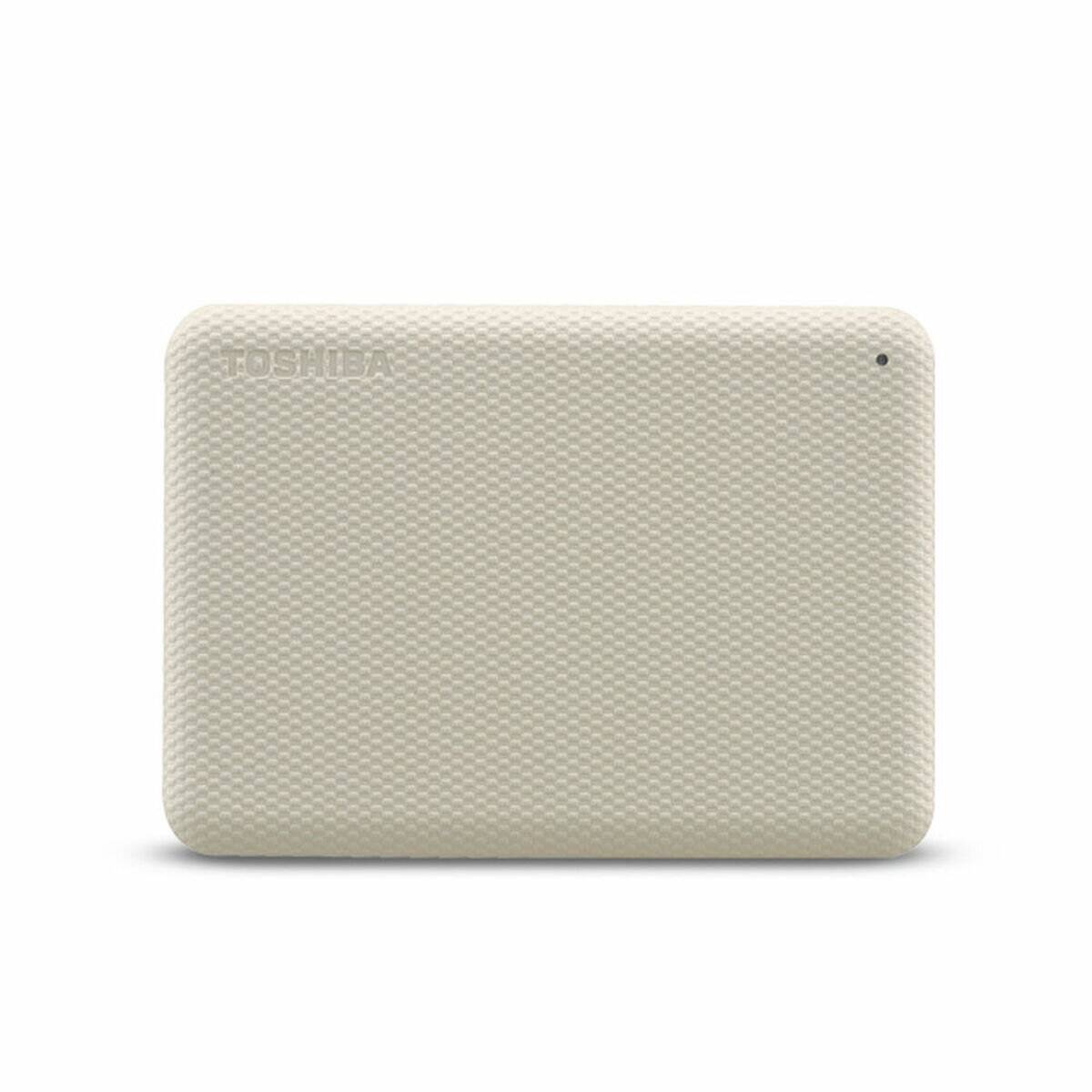 Eine weiße Toshiba externe Festplatte mit einer strukturierten Oberfläche, von vorne betrachtet, mit dem Markennamen in der oberen linken Ecke.