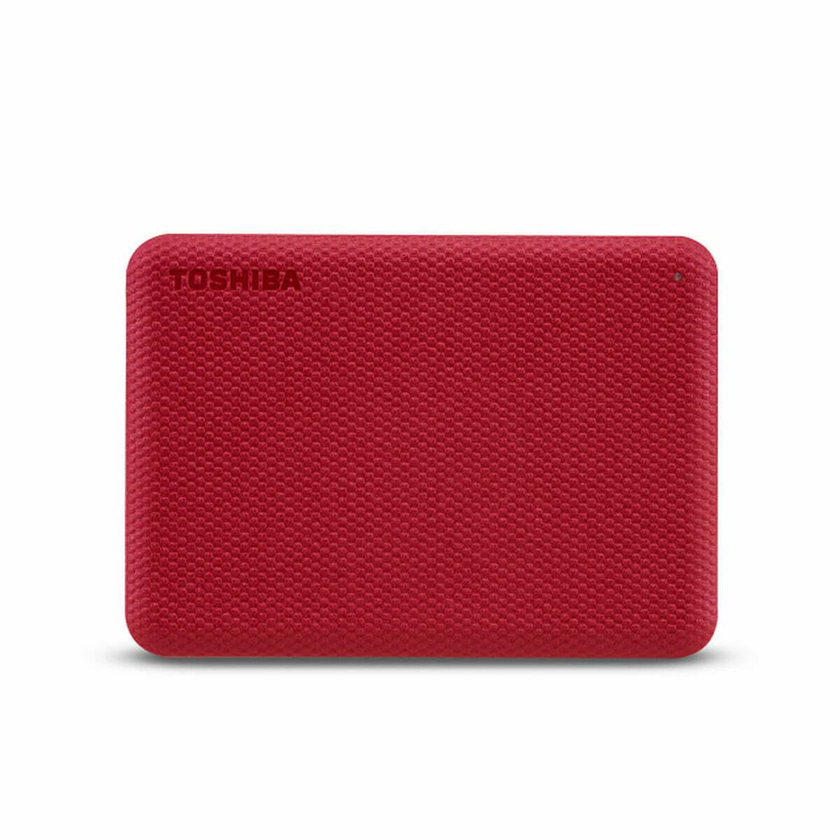 Eine rote Toshiba externe Festplatte mit einer strukturierten Oberfläche, rechteckig geformt, konzipiert für Datenspeicherung und Mobilität.