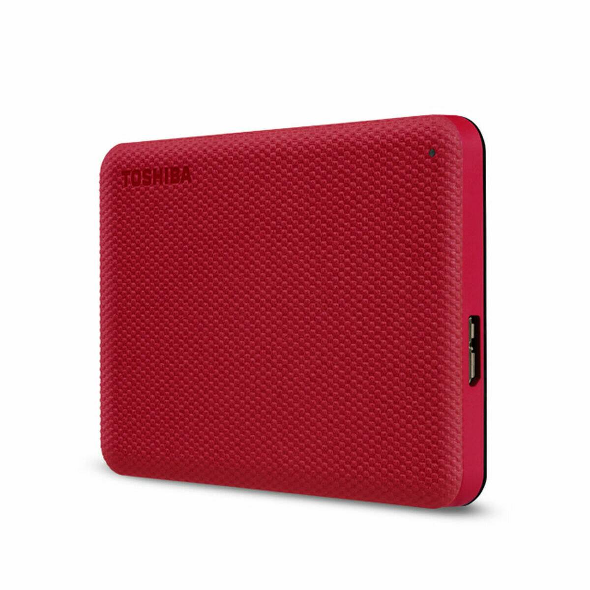 Ein roter Toshiba externer Festplattenlaufwerk mit strukturierter Oberfläche und sichtbarem USB-Anschluss, entwickelt für mobile Datenspeicherung.