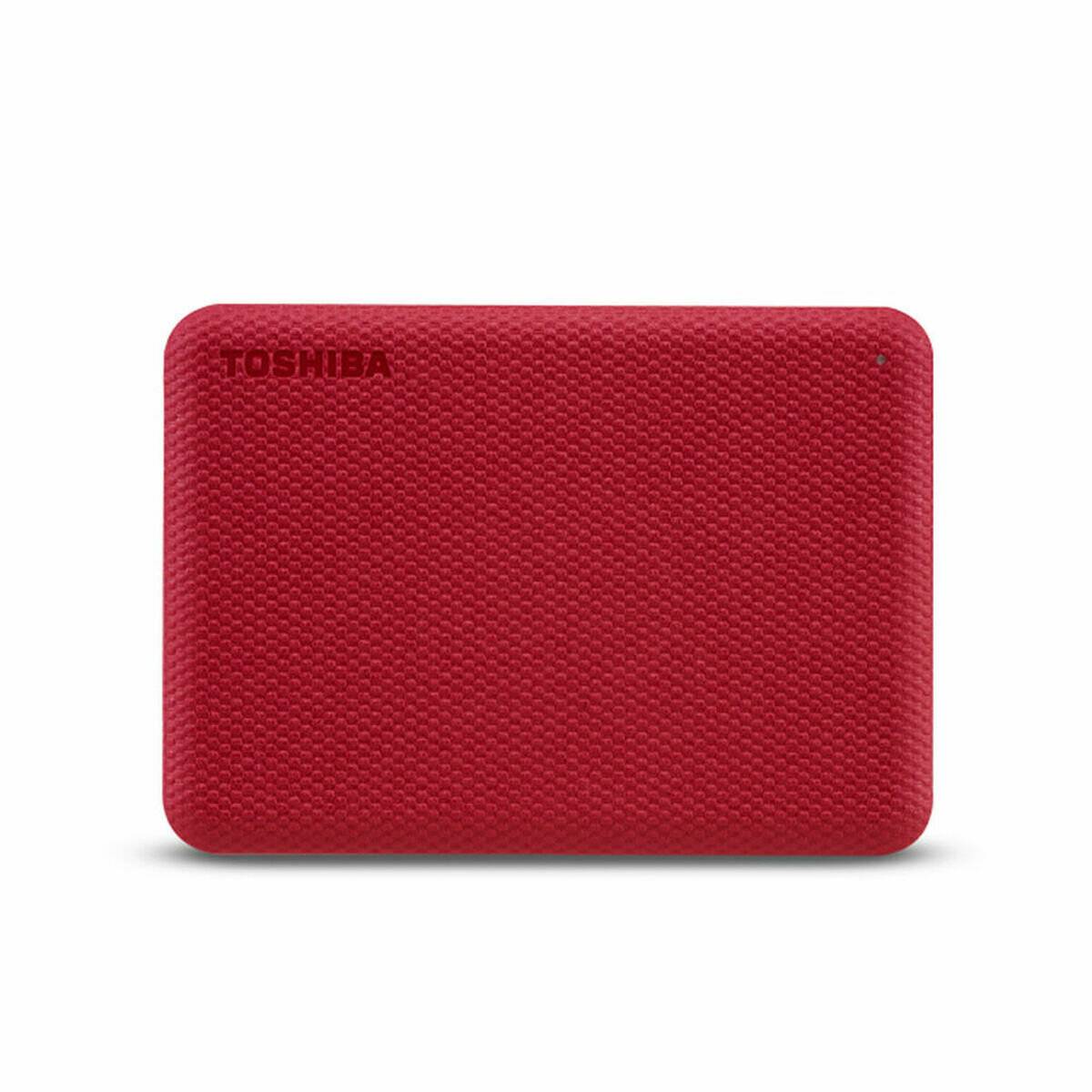 Rote Toshiba-Externe Festplatte mit strukturierter Oberfläche, von vorne betrachtet.