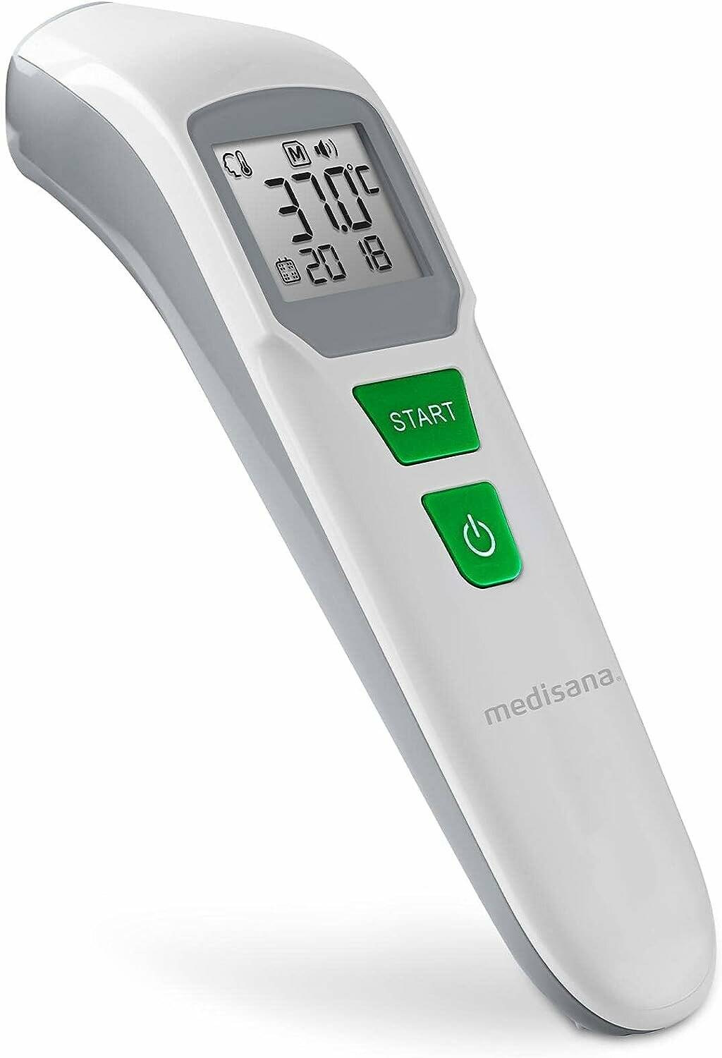 Ein digitales Thermometer zeigt eine Anzeige von '30,0' auf dem Bildschirm. Grüne 'START'- und Einschalttasten sind unterhalb des Displays sichtbar.