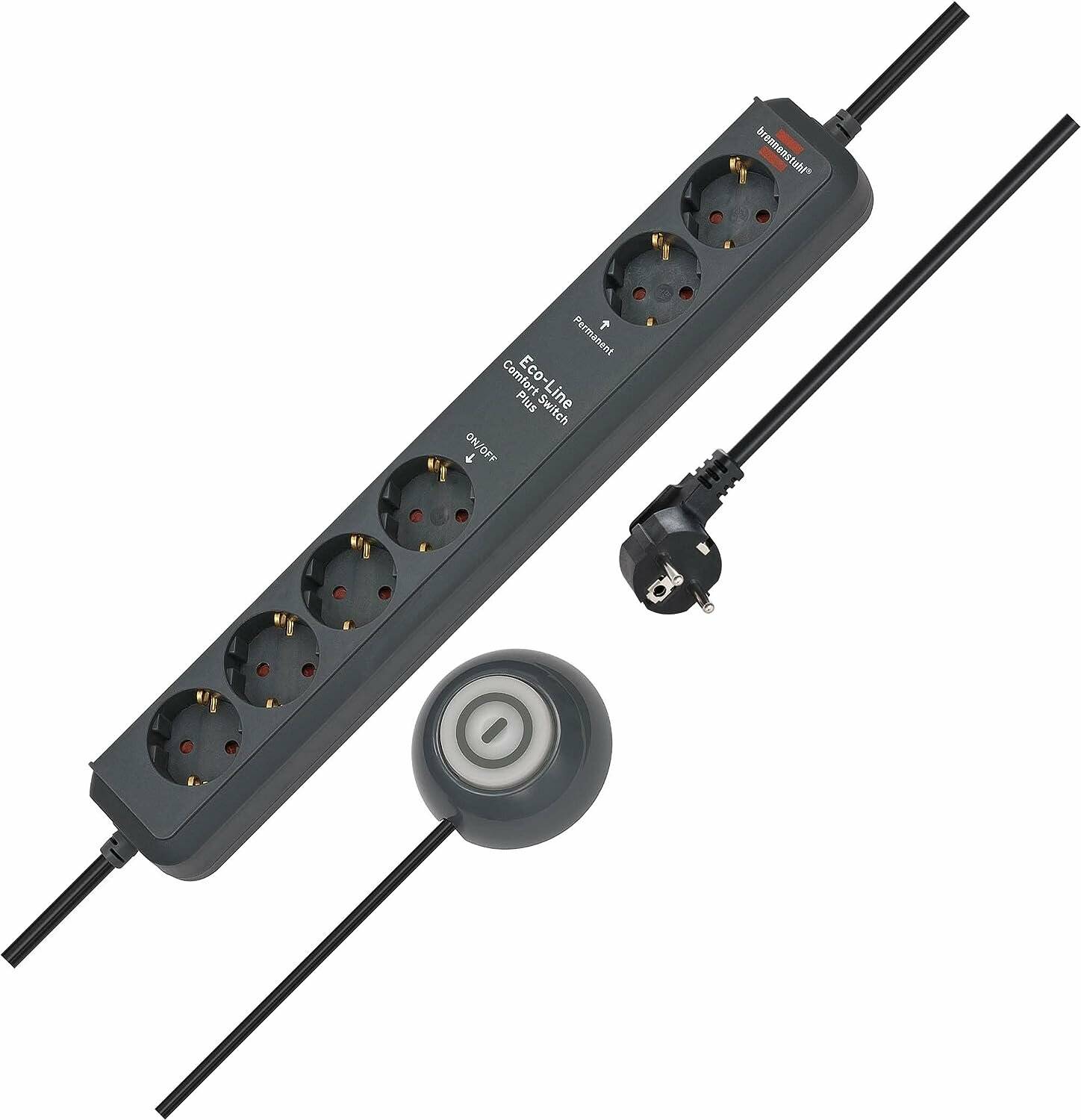 Brennenstuhl Eco-Line Comfort Switch Plus Steckdosenleiste 6-fach (anthrazit, 1,5 Meter Stromkabel und 1,5 Meter Schalterkabel)