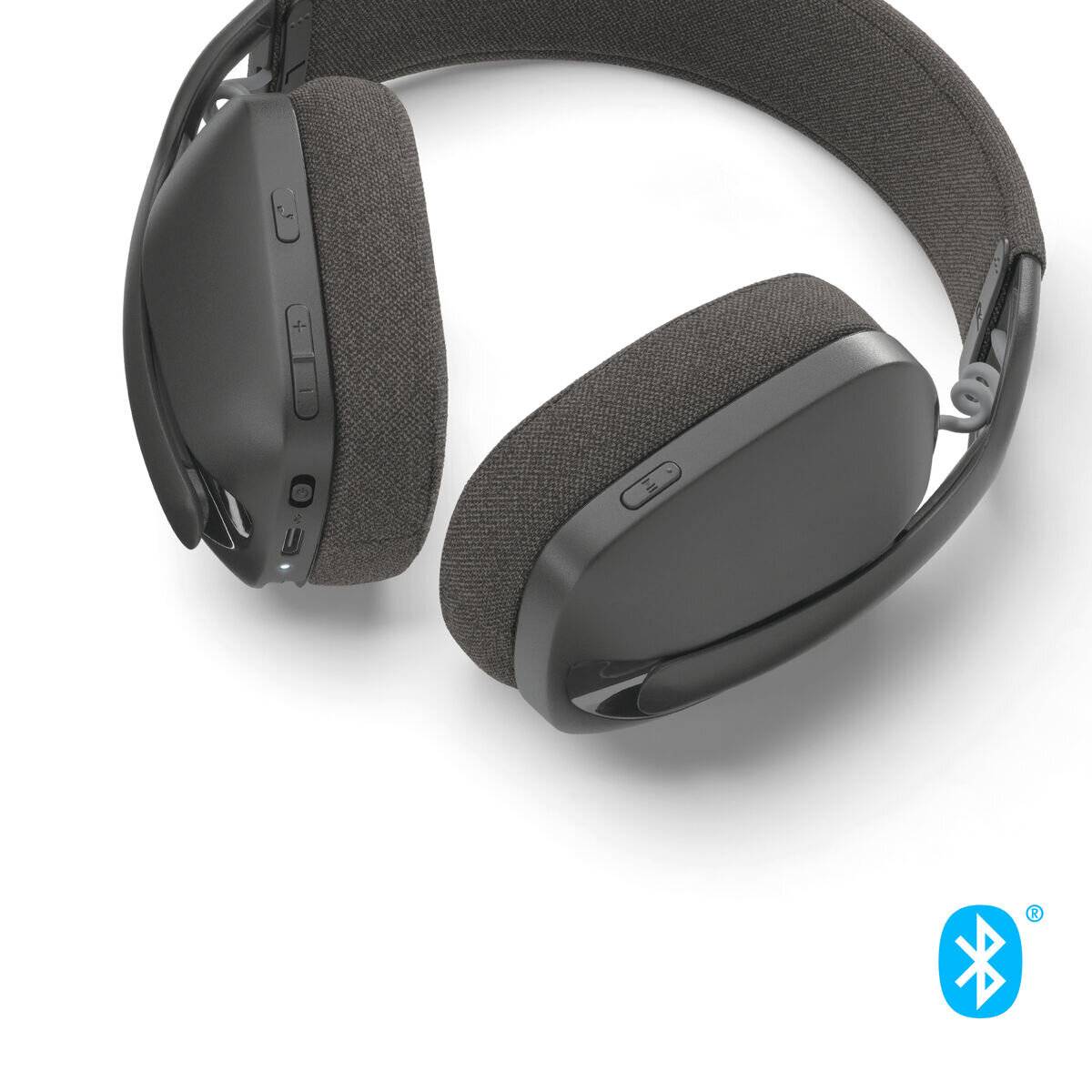 Kabellose Over-Ear-Kopfhörer mit weicher Polsterung und Bedienungstasten an der Seite. Bluetooth-Symbol zeigt Konnektivitätsfunktion an.