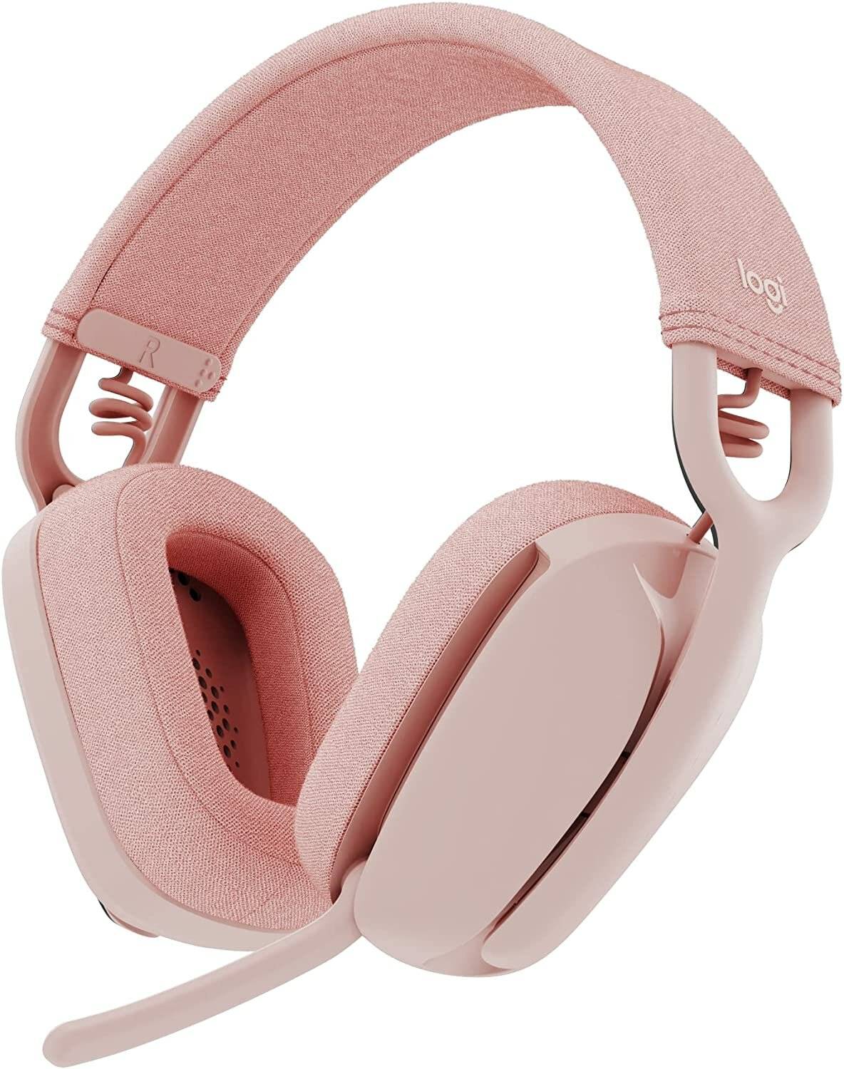 Rosa Over-Ear-Kopfhörer mit gepolsterten Ohrmuscheln, verstellbarem Kopfbügel und einem kleinen Logo an der Seite.