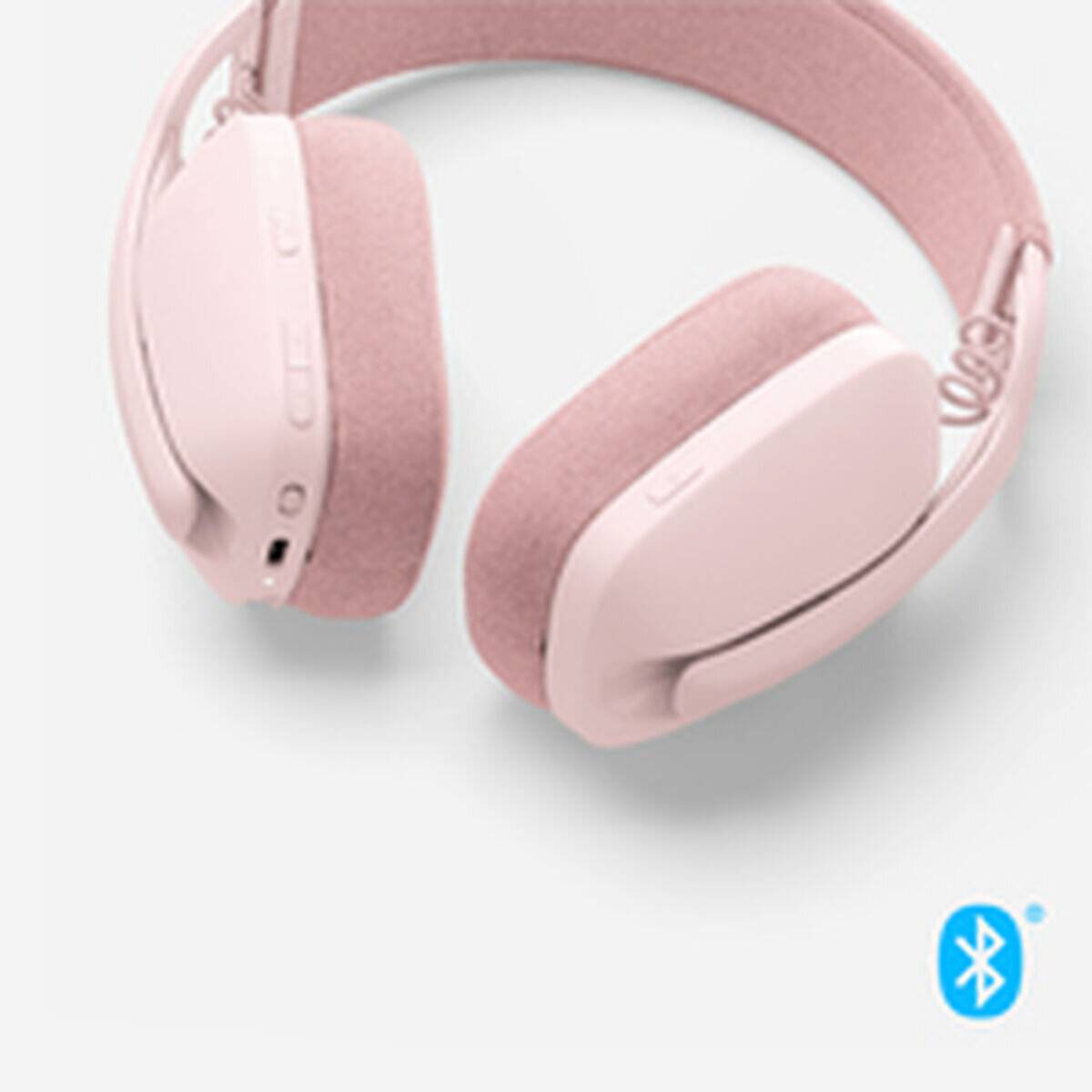 Rosa Over-Ear-Kopfhörer mit Bluetooth-Konnektivitätssymbol in der Ecke, das drahtlose Funktionalität anzeigt.