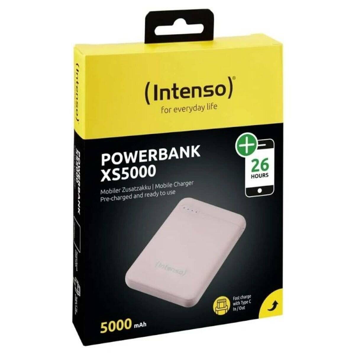 Intenso XS5000 Powerbank-Verpackung, die eine tragbare Ladstation mit 5000 mAh Kapazität zeigt, mit der Zusicherung von weiteren 26 Stunden Ladezeit.