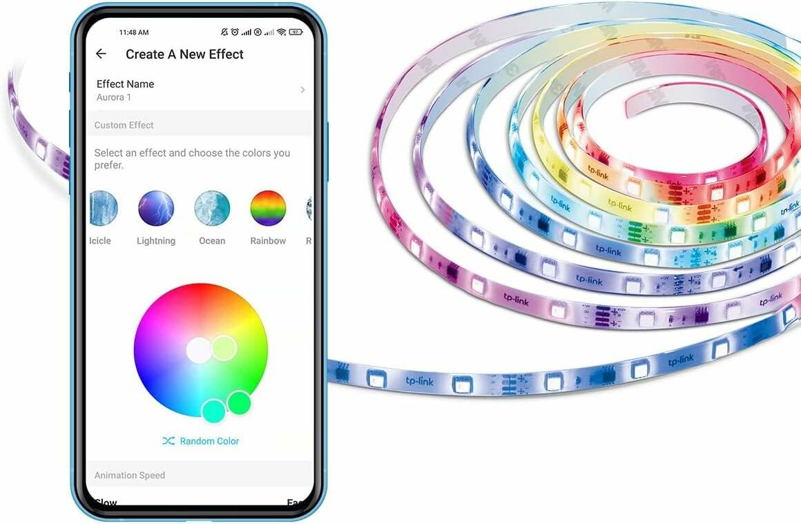 Ein Smartphone-Bildschirm zeigt eine Farbauswahl-App neben einem aufgerollten LED-Lichtstreifen, der ein Farbspektrum darstellt.