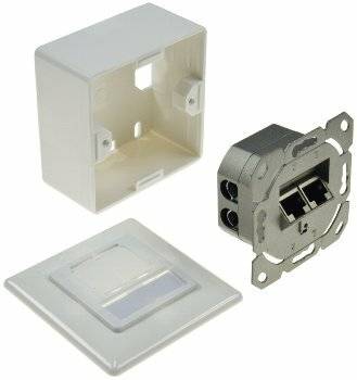 Wandmontierte Netzwerkdose inklusive Kunststoffabdeckung, Unterputzdose und Doppel-Ethernet-Buchse. Ideal für Büro oder Heimgebrauch.