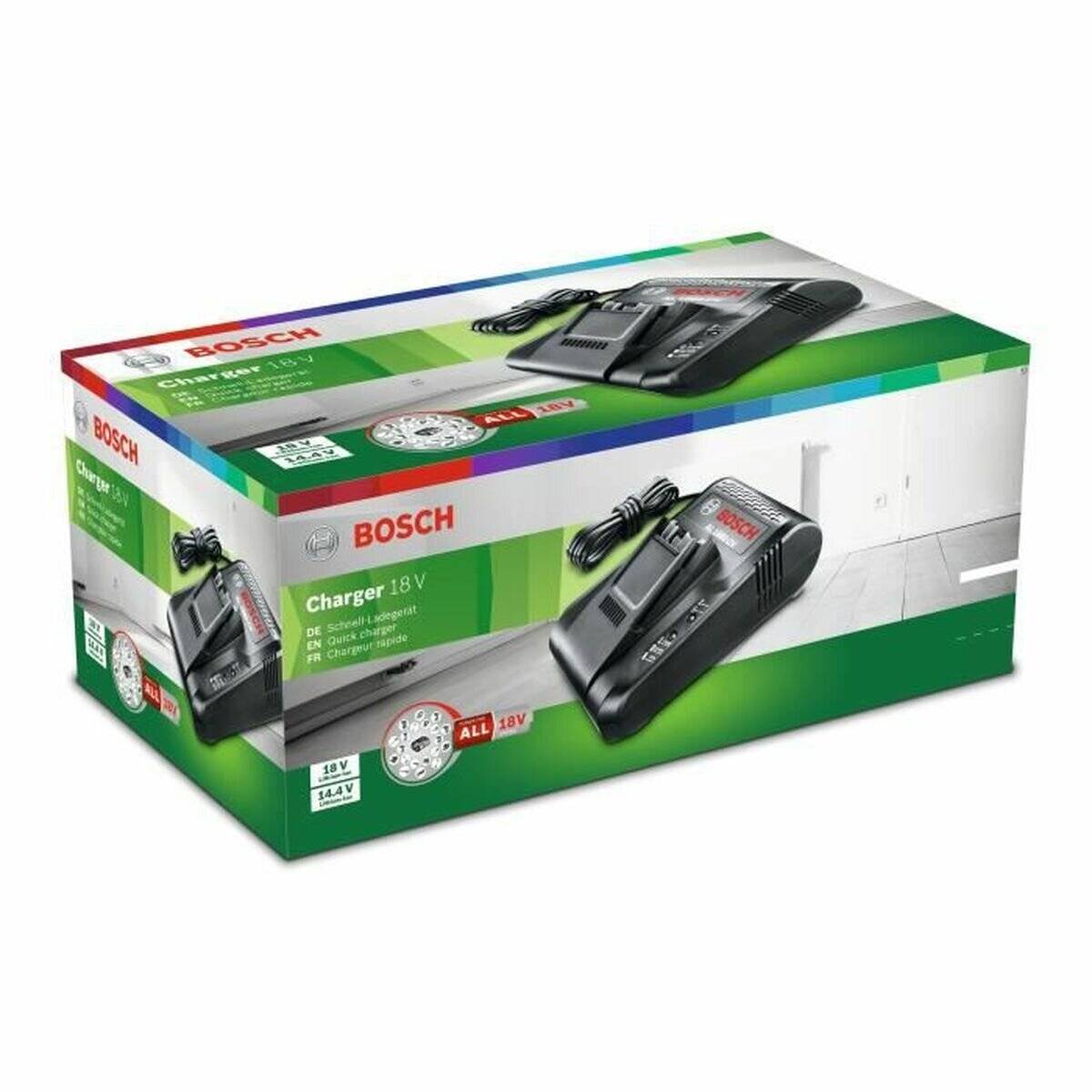 Bosch Ladegerät 18V Verpackung mit einem Bild des Ladegeräts, kompatibel mit 18V- und 14,4V-Akkus; präsentiert mit Produktmarkendesign.