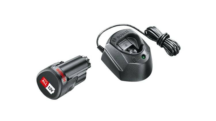 Ladegerät und abnehmbare 12V-Batterie mit Bosch-Branding. Das Ladegerät verfügt über ein Netzkabel und eine LED-Anzeige und ist für Elektrowerkzeuge geeignet.