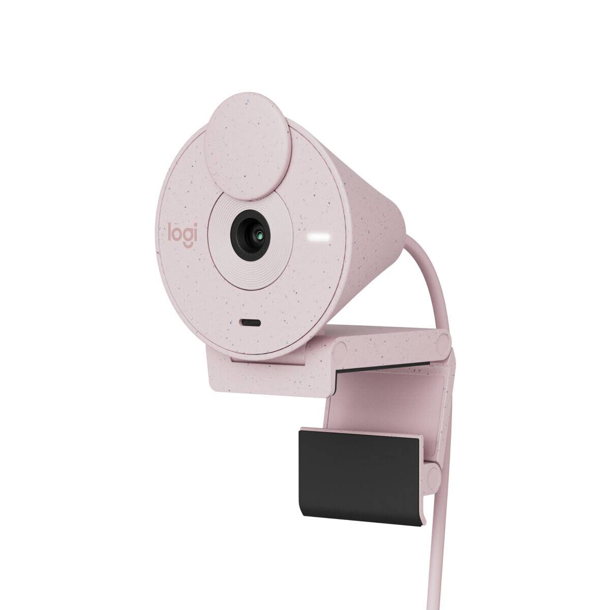 Eine rosa Desktop-Webcam mit elegantem Design, mit einer markanten Kameraobjektiv und integriertem Ständer.