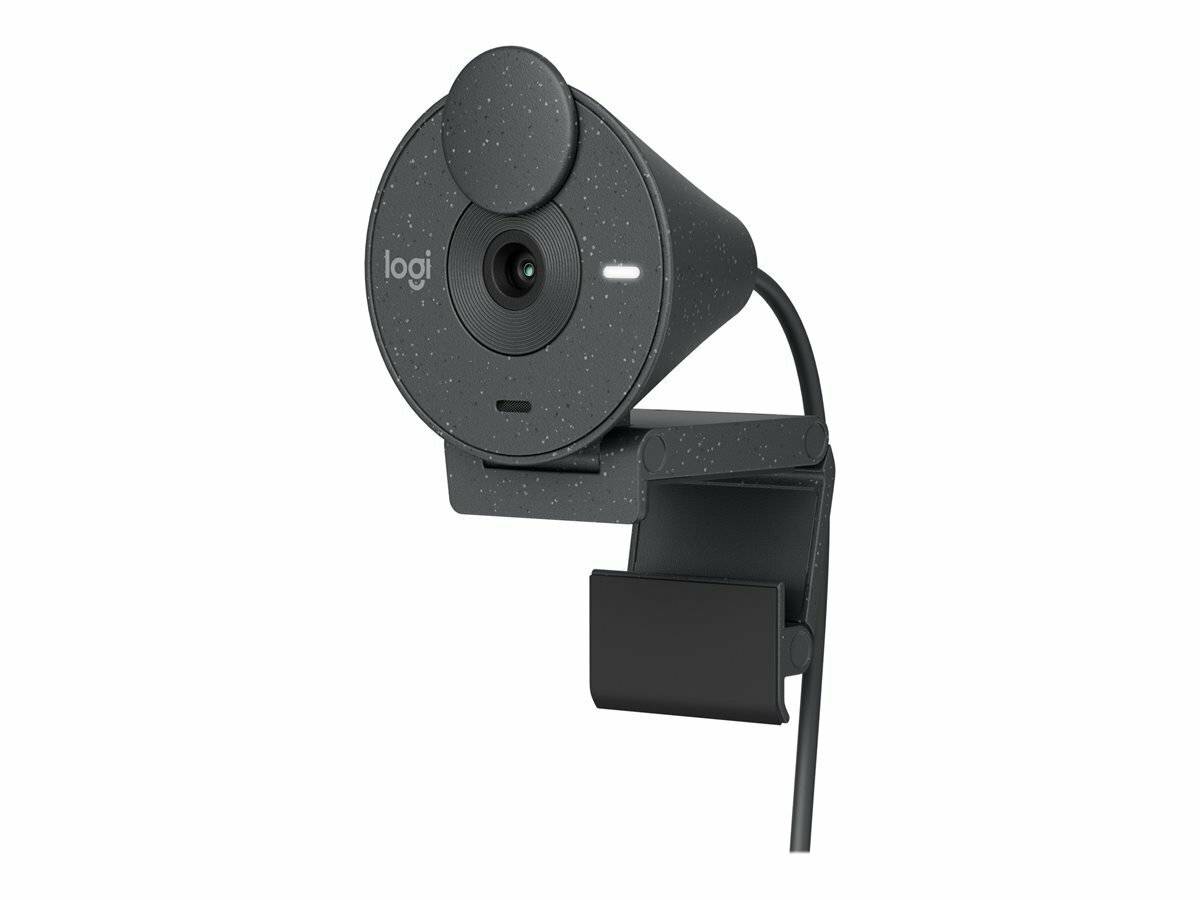 Eine schwarze Webcam mit einer kugelförmigen Gestaltung und angeschlossenem USB-Kabel, mit dem Logo 'logi' auf der Vorderseite, an einer Klemmvorrichtung befestigt.
