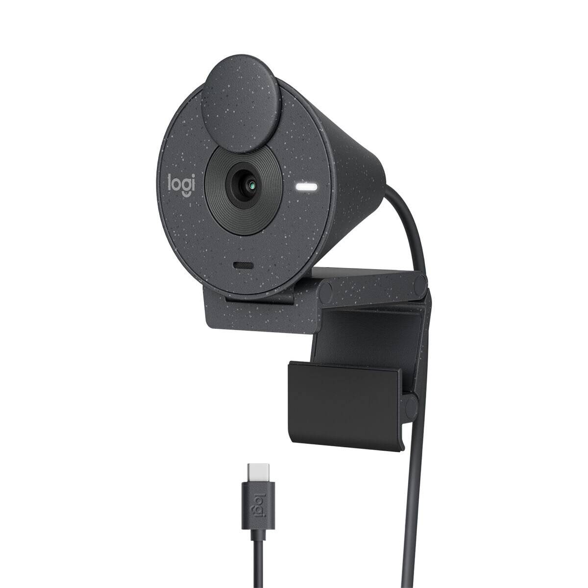 Eine schwarze Webcam mit einem USB-C-Kabel, die eine kreisförmige Gestalt aufweist und einen integrierten Halterungsmechanismus zum Anbringen an Monitoren oder Laptops besitzt.
