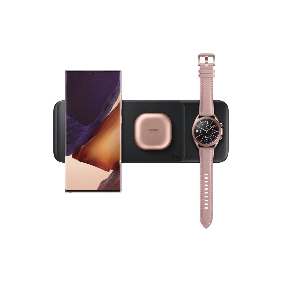 Samsung Ladegerät mit einem Smartphone, einer Uhr und Ohrhörern in Bronze. Das Bild unterstreicht die kabellose Lademöglichkeit für mehrere Geräte.