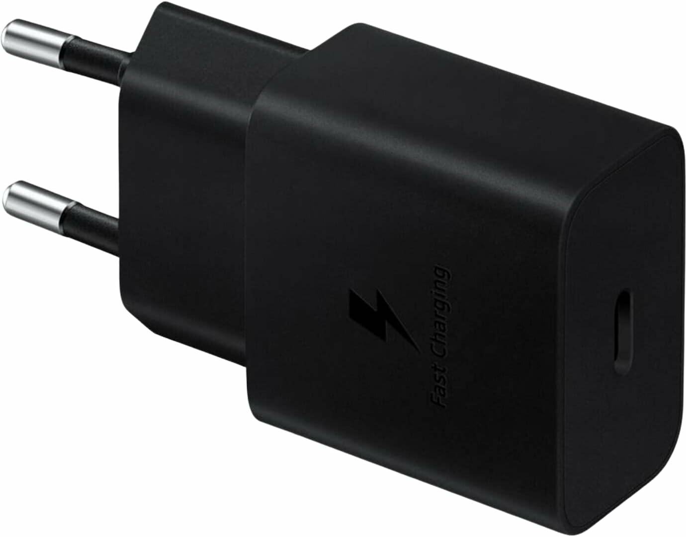 Ein schwarzes Schnellladegerät mit einem Blitzsymbol und dem Text ‚Schnelles Laden', ausgestattet mit einem Stecker für Stromsteckdosen.
