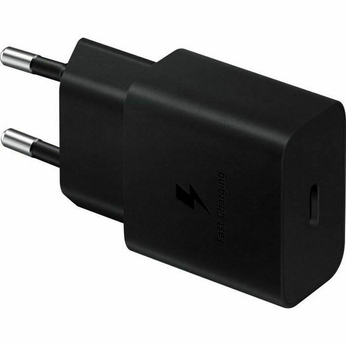 Ein schwarzer rechteckiger USB-Wandladegerät mit zwei Stiften, versehen mit einem Blitzsymbol und dem Text ‚Schnelles Laden'.