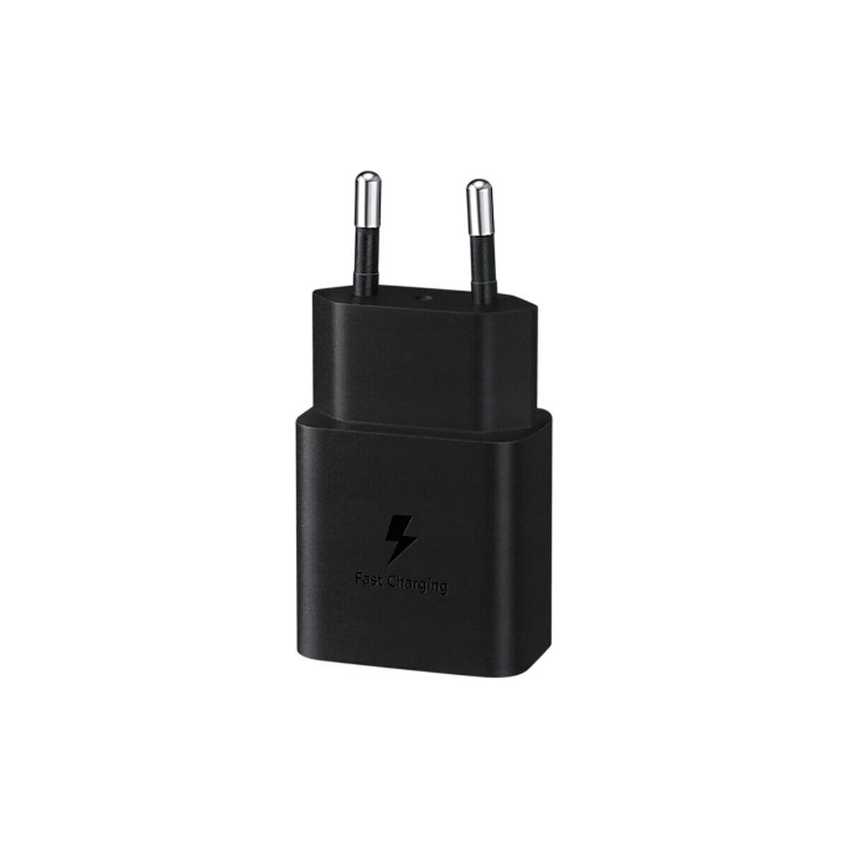 Ein schwarzes Wandladegerät mit zwei runden Metallstiften und einem Blitzsymbol auf der Vorderseite, das zum Aufladen elektronischer Geräte verwendet wird.