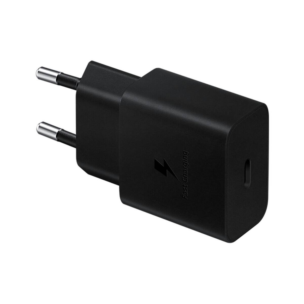 Ein schwarzes Schnellladenetzteil mit zwei runden Stiften, typischerweise für elektronische Geräte verwendet, aus einem Seitenwinkel dargestellt.