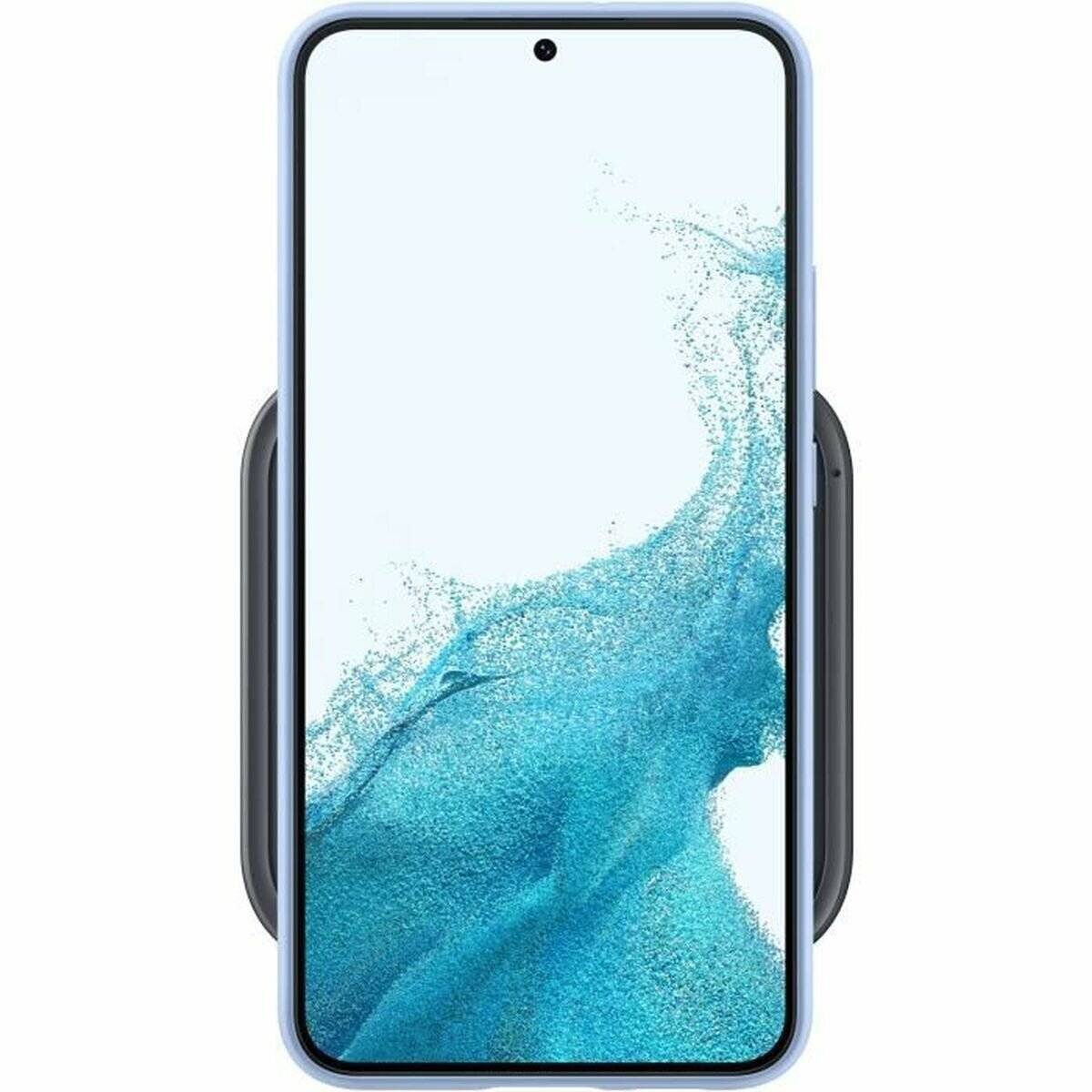 Das Bild zeigt ein Smartphone mit einem blauen abstrakten Hintergrund auf dem Bildschirm, der ein modernes, minimalistisches Design aufweist.