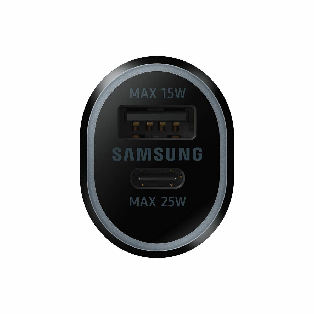 Samsung Dual-USB-Ladegerät mit 'MAX 15W' und 'MAX 25W' Beschriftungen auf einem schwarzen, ovalen Design für vielseitiges Laden von mobilen Geräten.