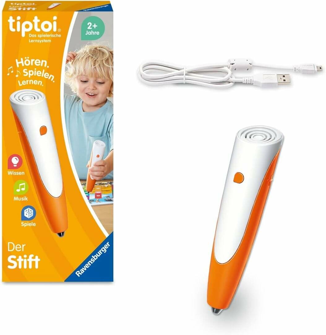 Tiptoi' interaktiver Lernstift und Verbindungskabel mit Verpackung. Hauptmerkmale: Zuhören, Spielen, Lernen für Kinder ab 2 Jahren.