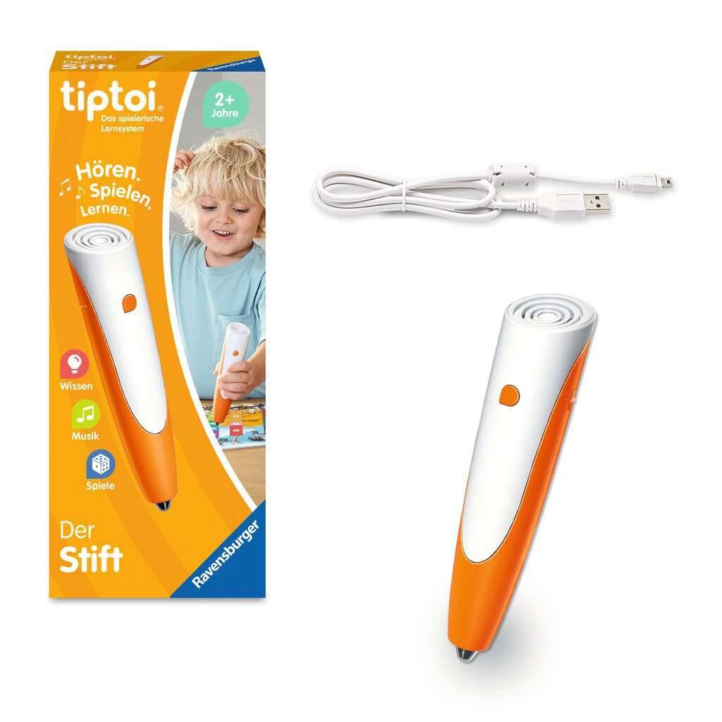 Ein kleines Kind spielt mit dem Tiptoi interaktiven Stift, daneben die Verpackung mit dem Aufdruck 
