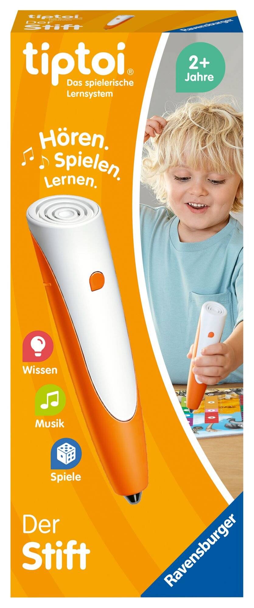 Ein Kind verwendet einen interaktiven Stift auf einem bunten Buch. Die Wörter 'Wissen' und 'Musik' werden mit Symbolen angezeigt, die Wissen und Musik symbolisieren.