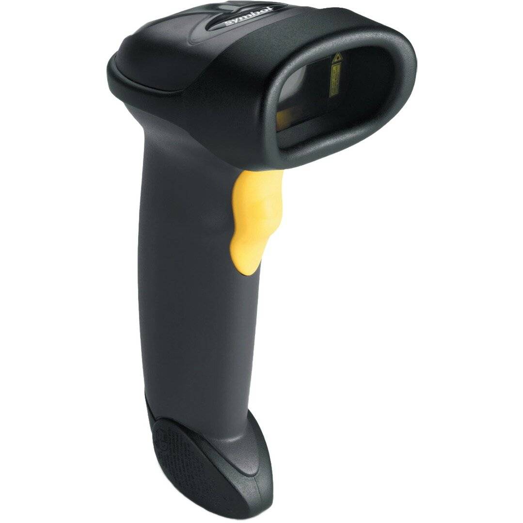 Ein tragbarer Barcode-Scanner mit einem schwarz-gelben Design, der zum Lesen von Barcodes auf verschiedenen Produkten und Verpackungen verwendet wird.