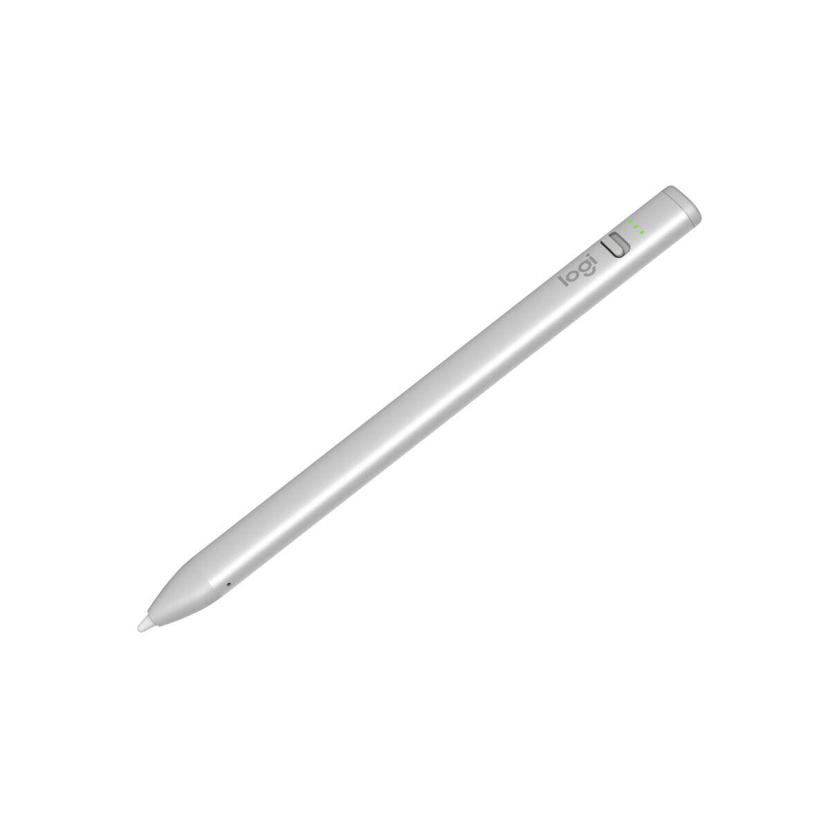 Ein silberner digitaler Stylus-Stift mit elegantem Design verfügt über einen Einschaltknopf und eine Statusanzeige, geeignet für Touchscreen-Geräte.