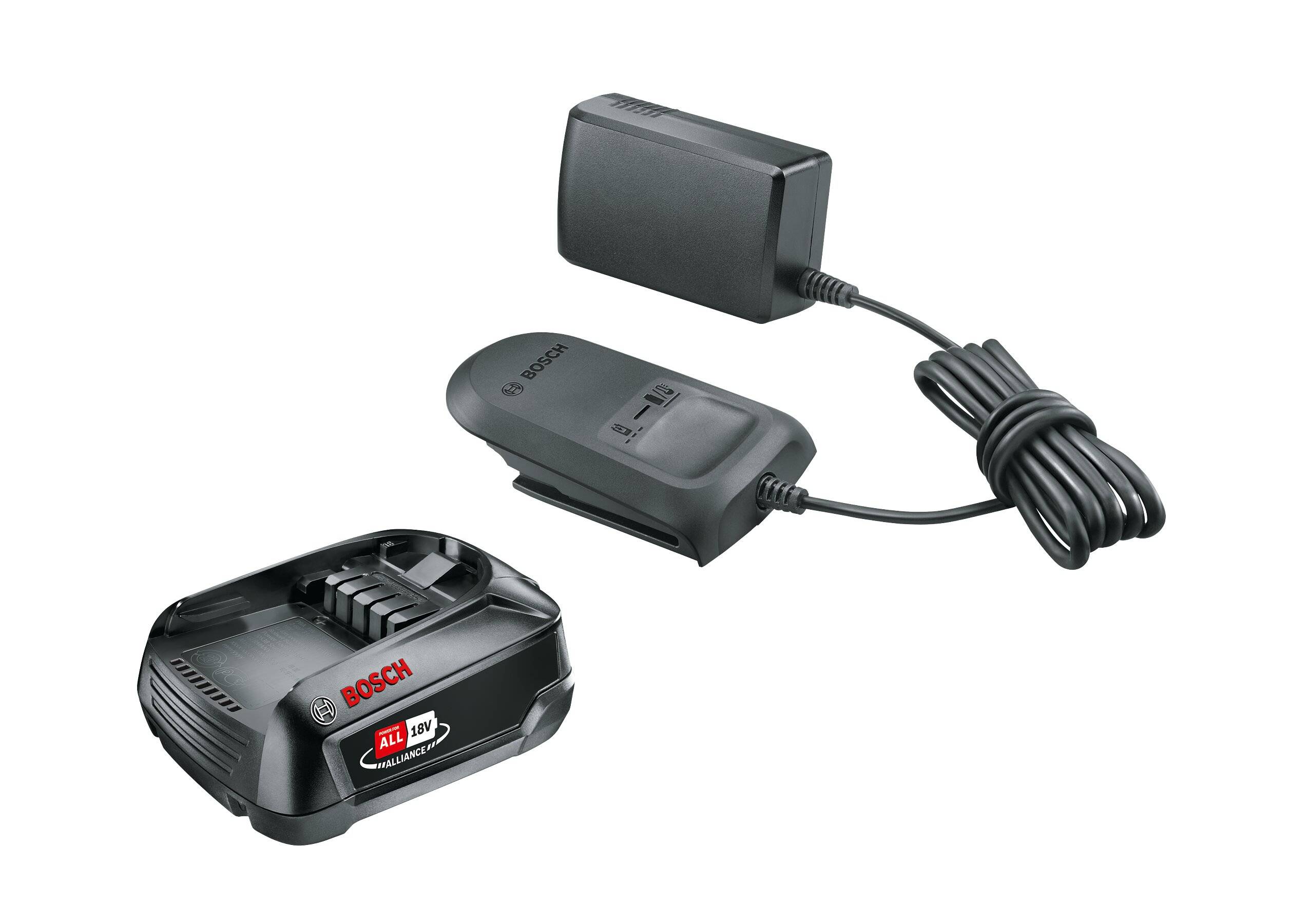 Ein Bosch-Ladegerät mit Netzkabel und kompakter Bauweise. Entwickelt für 18V-Akkus, bietet es effizientes Laden für kompatible Geräte.