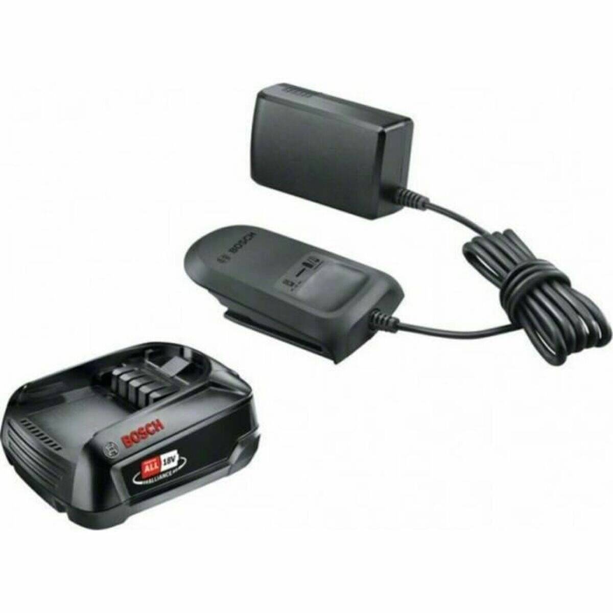 Bosch Ladegerät und Akkupack mit Kabel, verwendet zum Aufladen von Akkus für kabellose Elektrowerkzeuge.