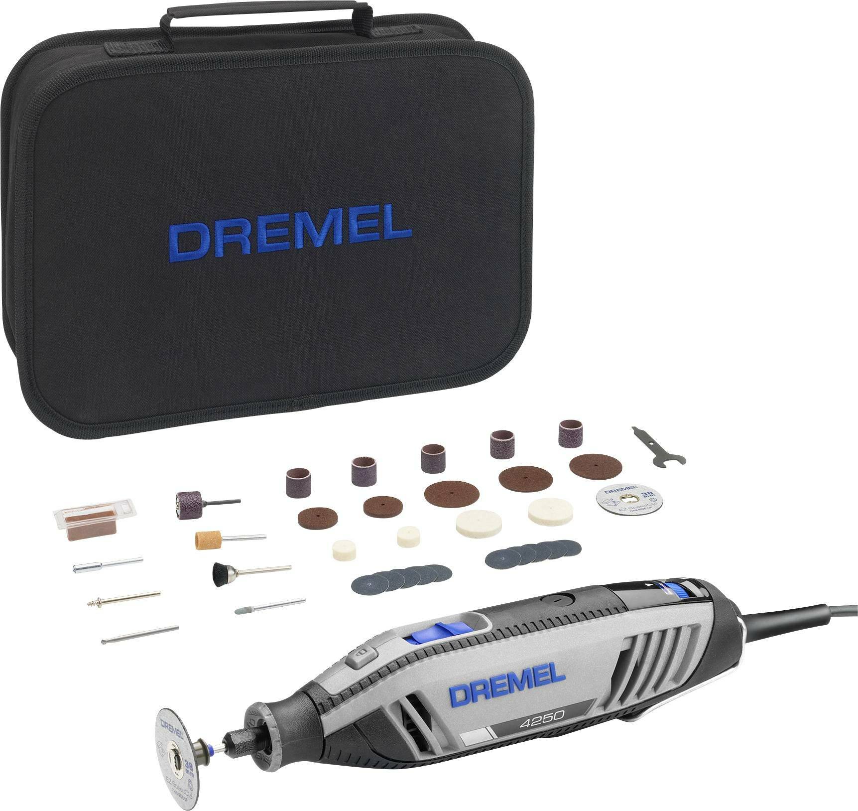 Dremel 4300 Werkzeugset mit verschiedenen Aufsätzen und Zubehörteilen, darunter Schleifscheiben, Polierpads und einem Transportkoffer.