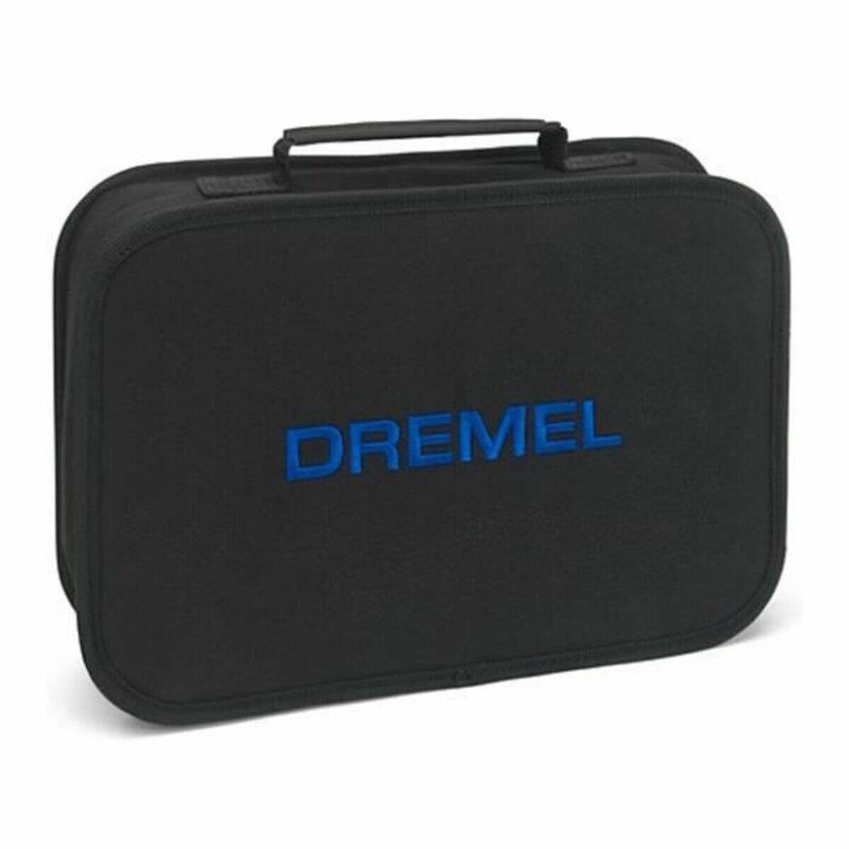 Eine schwarze Tragetasche mit dem Wort 'DREMEL' in blauer Schrift auf der Vorderseite, mit einem Griff oben.