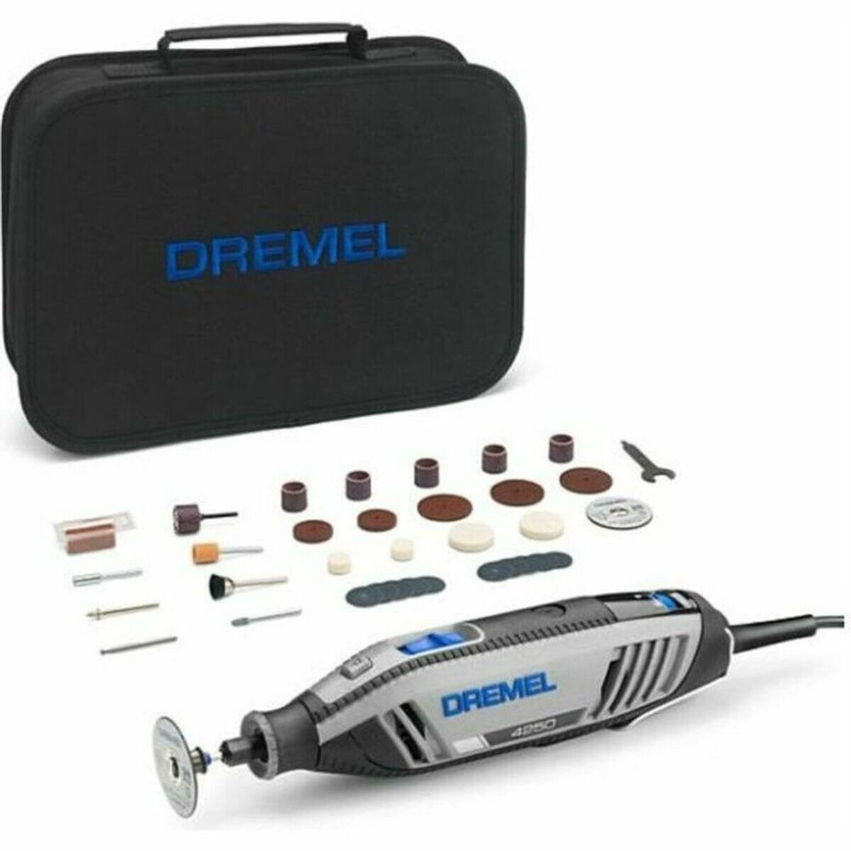 Dremel-Multifunktionswerkzeug-Set mit verschiedenen Anbauteilen und Zubehör, einschließlich Schleifscheiben, Sägeblättern und Polierwerkzeugen, in einem schwarzen Transportkoffer.