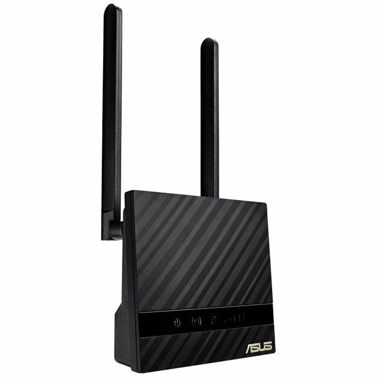 Ein schwarzer ASUS-WLAN-Router mit zwei Antennen, ausgestattet mit Strom- und Statusanzeigen auf der Frontplatte.