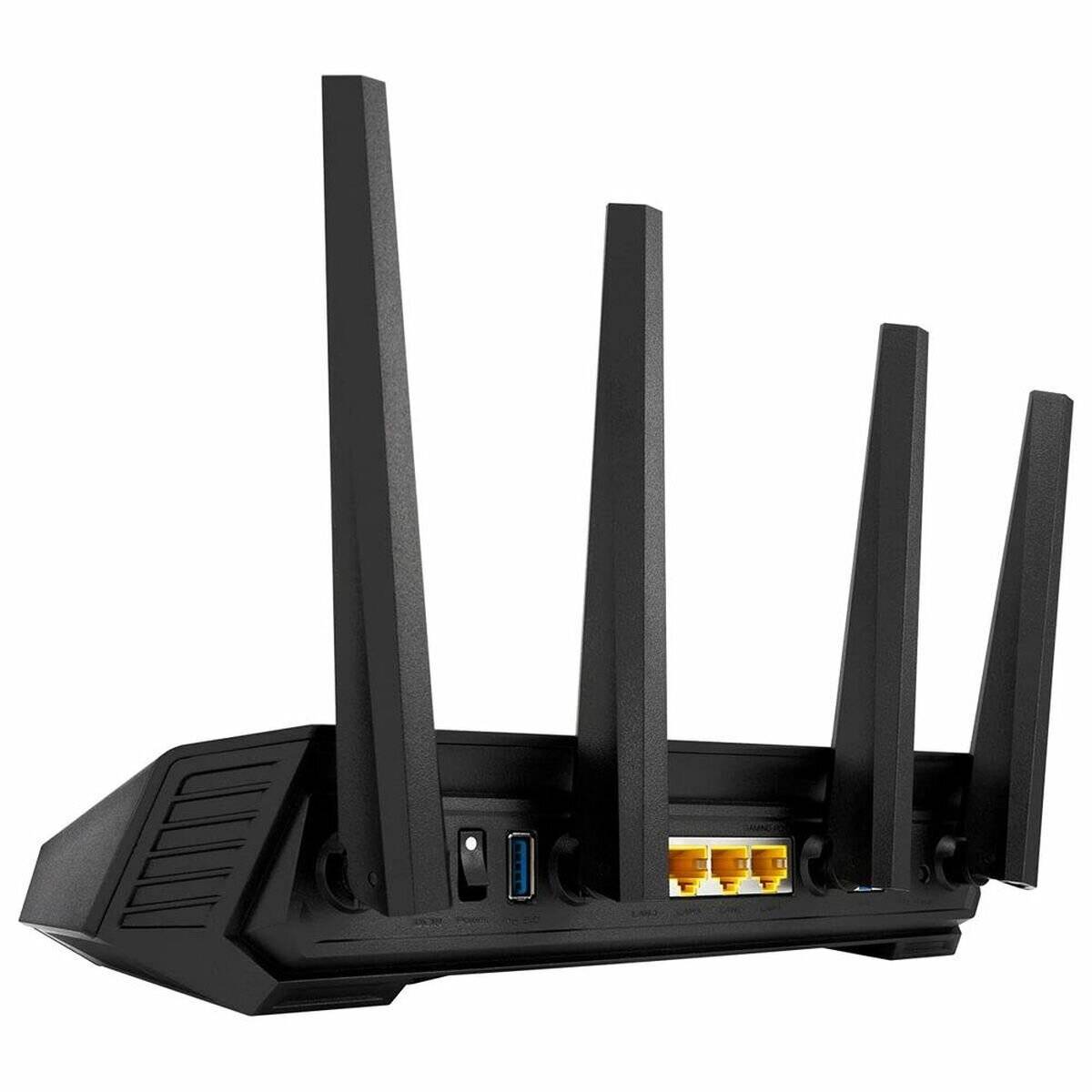 Ein schwarzer WLAN-Router mit vier Antennen und mehreren Anschlüssen wird gezeigt.