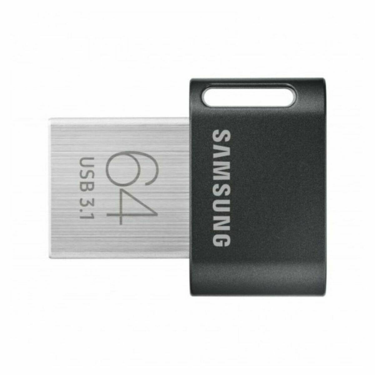 Ein schwarzer und silberner Samsung USB 3.1 Stick mit prominent angezeigter '64 GB', der seine Speicherkapazität und Markenbezeichnung hervorhebt.