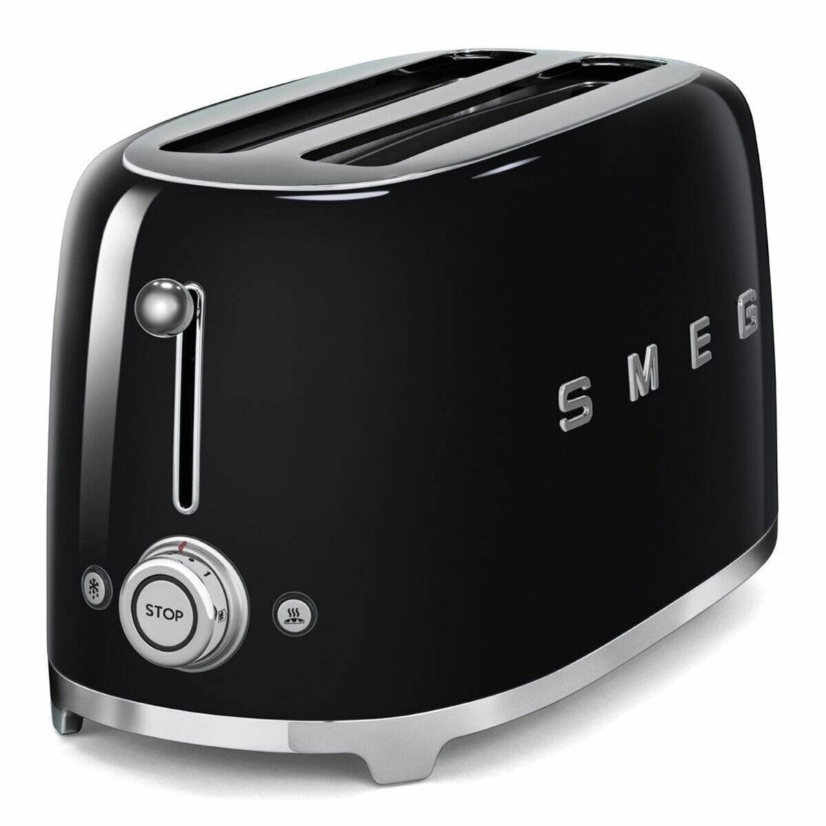 Ein schwarzer Smeg-Zweischeiben-Toaster mit polierter Oberfläche, ausgestattet mit Einstellungstasten und einem am Frontbereich beschrifteten 