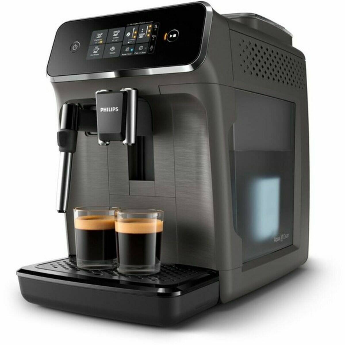 Eine elegante, moderne Kaffeemaschine mit digitaler Anzeige, zwei mit Kaffee gefüllten Espressogläsern auf dem Tablett.