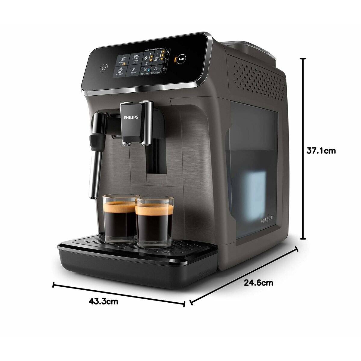 Espressomaschine mit Touchscreen, Zubereitung von zwei Tassen Kaffee. Display zeigt Getränkeoptionen. Abmessungen: 43,3 cm breit, 24,6 cm tief, 37,1 cm hoch.
