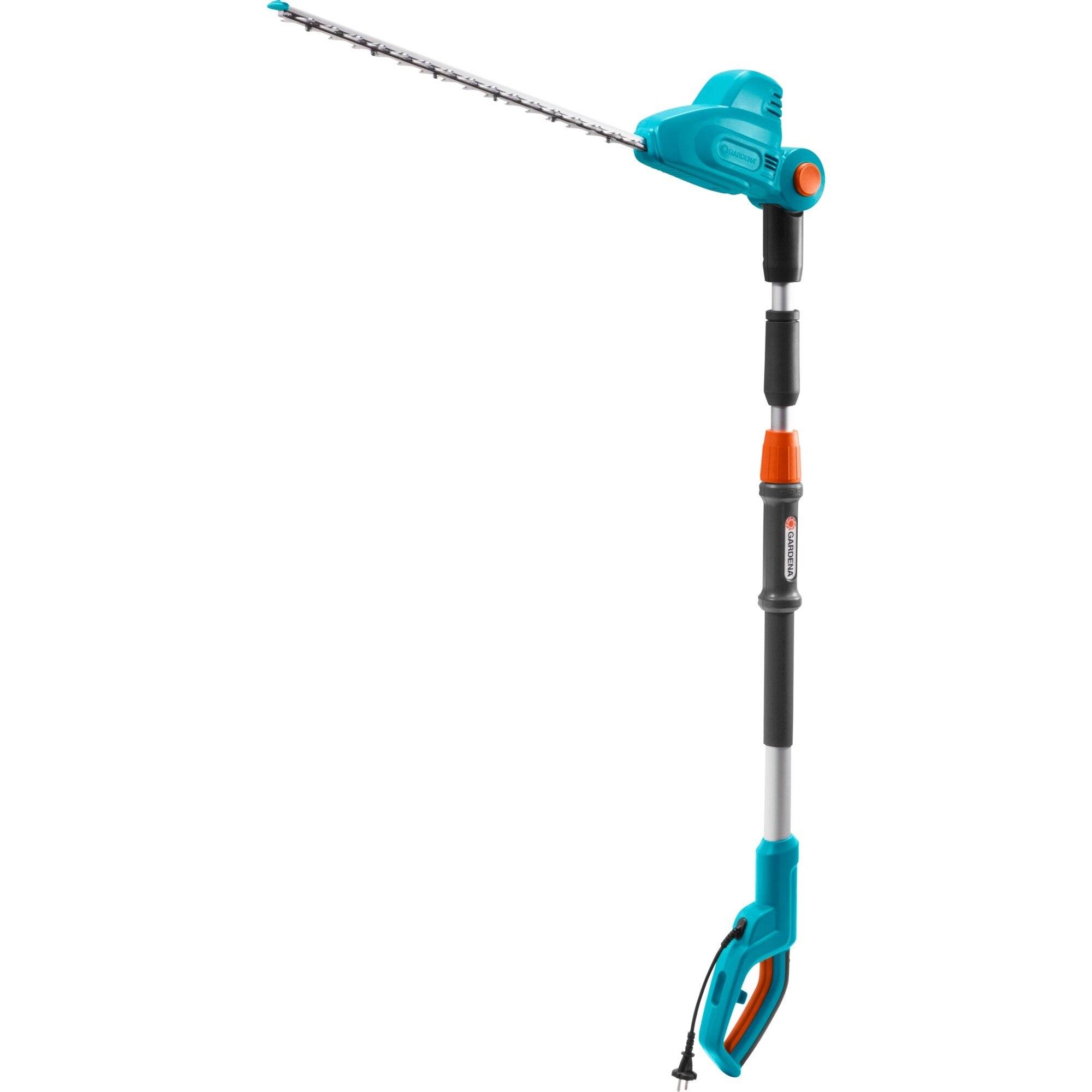 Ein blau-orangener elektrischer Teleskop-Heckenschneider mit verstellbarem Griff, entwickelt für müheloses und präzises Trimmen hoher Hecken.