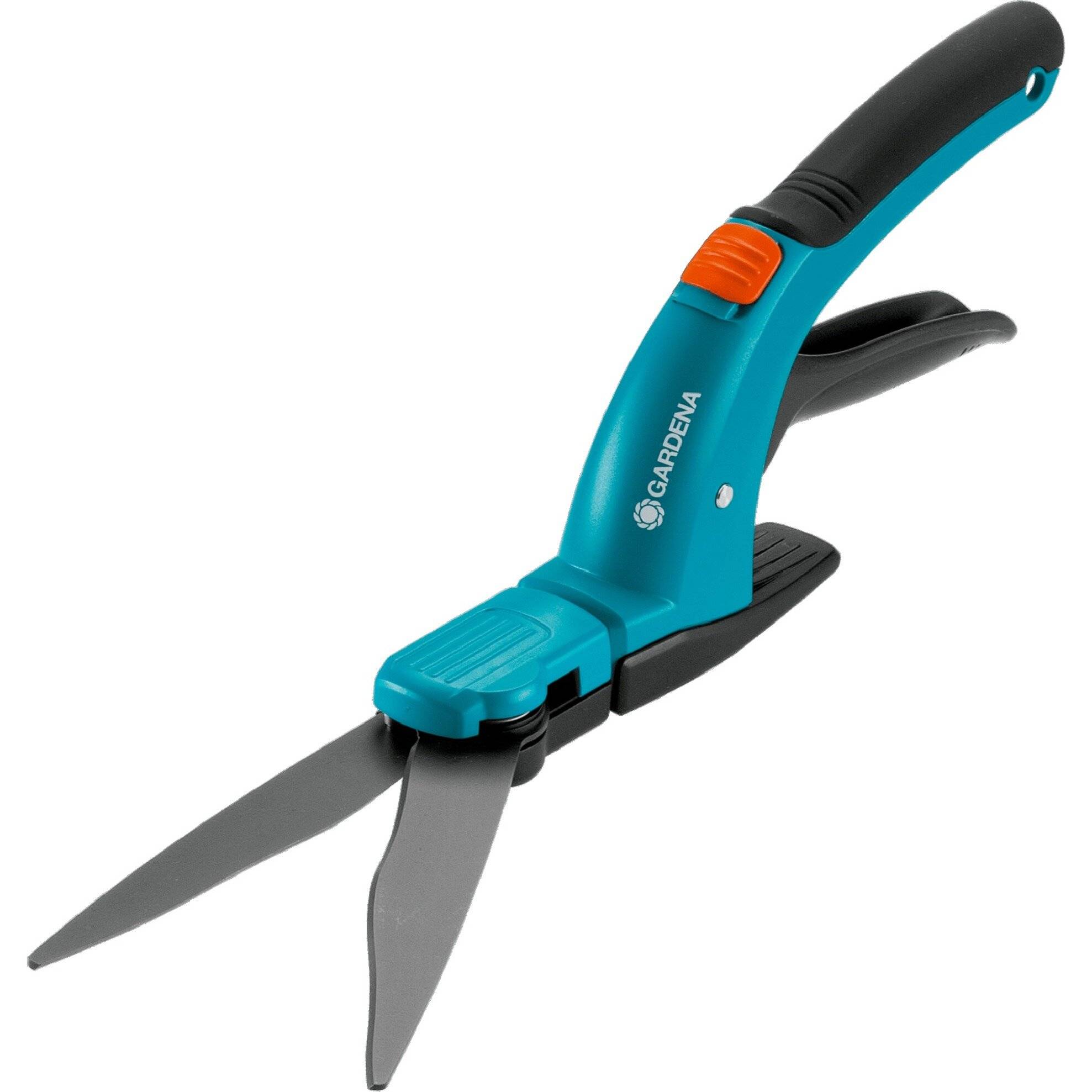 Blaue und schwarze Gartenschere mit ergonomischem Griff und orangefarbener Sicherheitsverriegelung, entwickelt zum Trimmen von Pflanzen und Hecken.