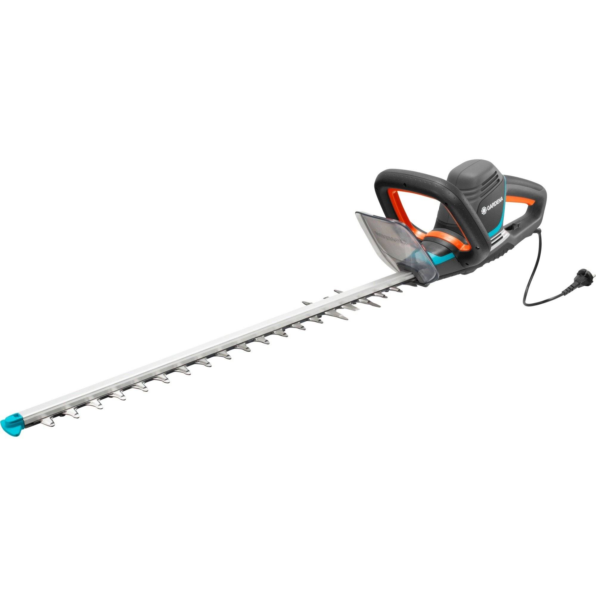 Elektrischer Heckenschneider mit einer langen Schneidklinge und Kabel, entwickelt zum Schneiden von Büschen und Hecken.