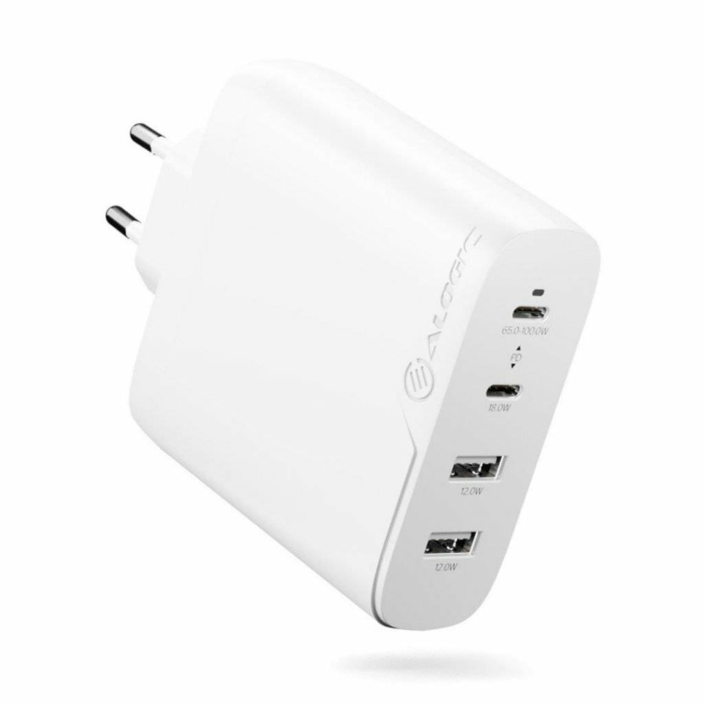 Ein weißer Dual-Port-Wandladegerät mit zwei USB-Anschlüssen und einem USB-C-Anschluss, der für das schnelle Laden mehrerer Geräte gleichzeitig entwickelt wurde.